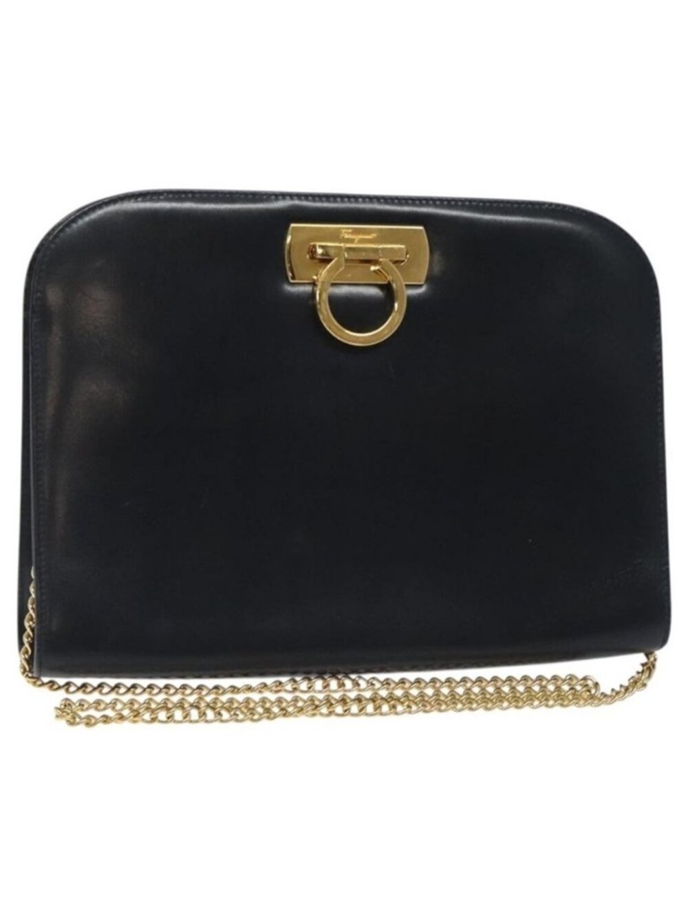 Authentic Salvatore Ferragamo Gancini Chain Shoulder Bag Leather Black Gold